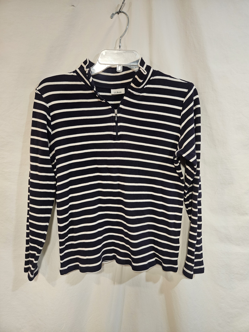 L.L. Bean Navy & White Striped Zip-Neck Long Sleeve Top